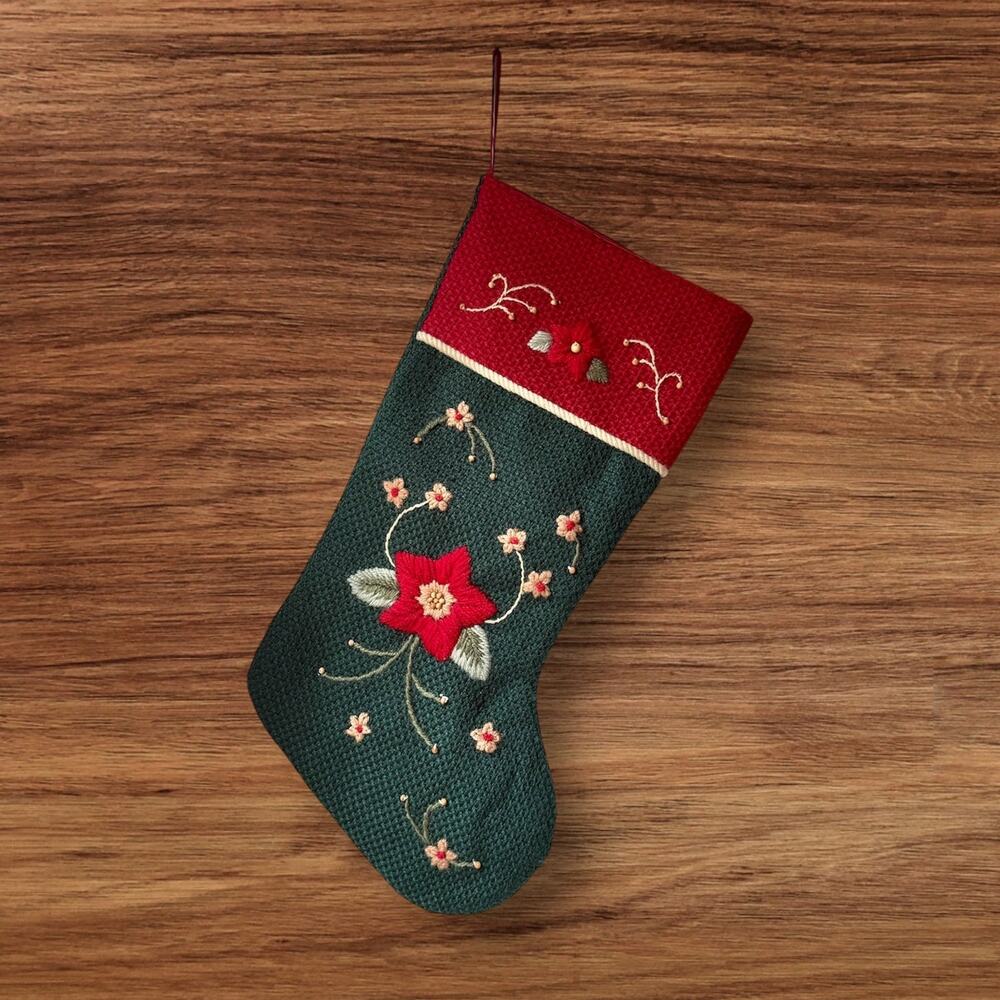 Vintage Christmas Stocking Prima Creations Green Red Floral Embroidery Primitive
